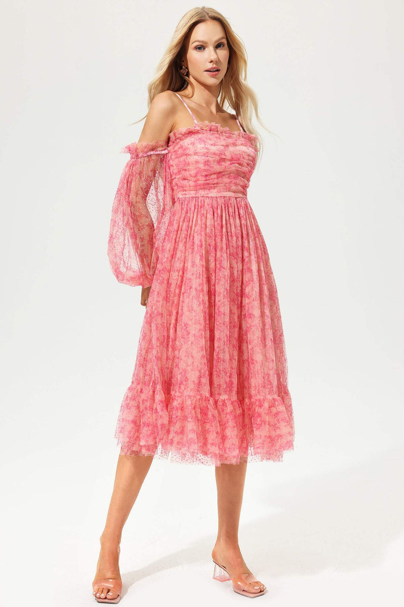 Lantern Sleeve Off-shoulder Pleated Midi Dress