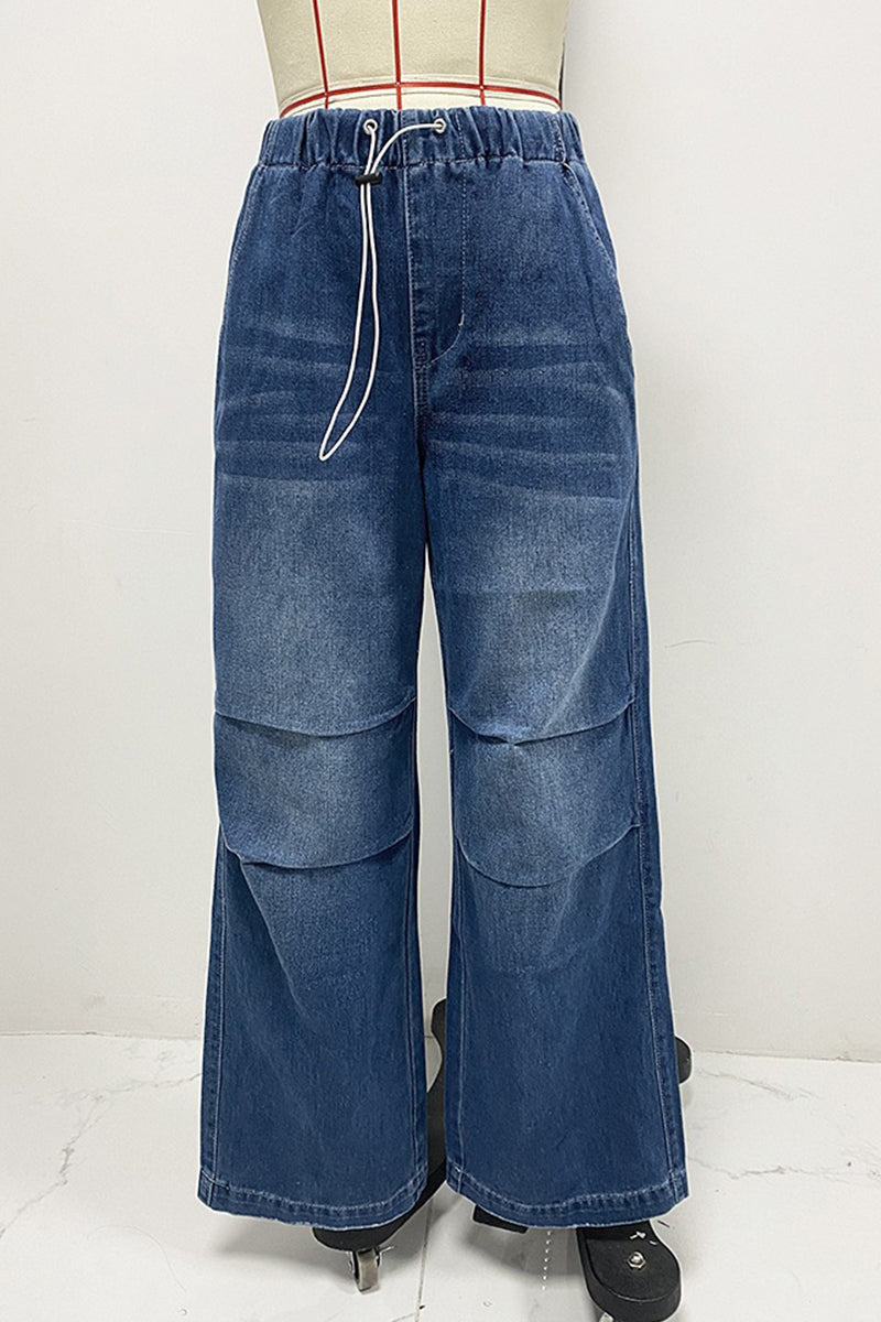 Distressed Draw String Ruched Mid Waist Loose Denim Jeans