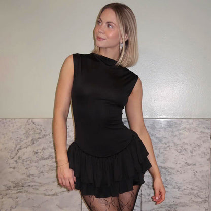 Taruxy Ruffles Splice Vest Mini Dress for Sleeveless Slim Fit Color Hot Girl Club Party Dress Female