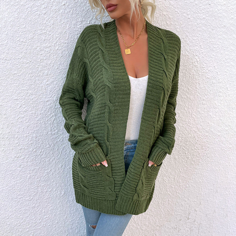 Sweater Autumn Winter New Twist Mid-length Pocket Knitted Cardigan Coat