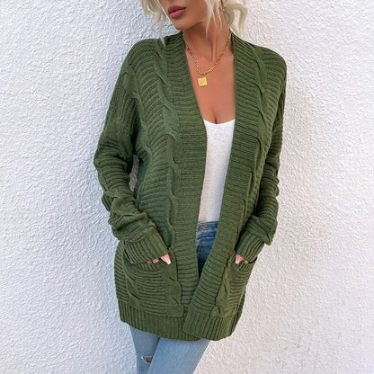 Sweater Autumn Winter New Twist Mid-length Pocket Knitted Cardigan Coat