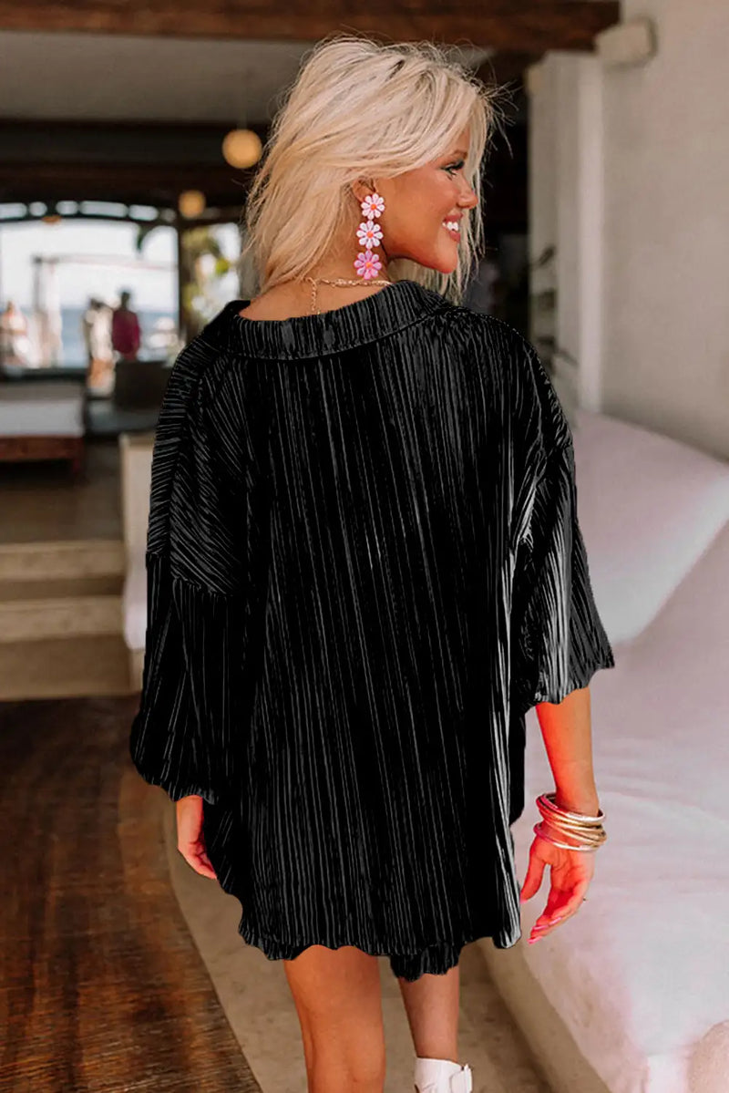 Pleated Black 3 4 Sleeves Shirt High Waist Shorts Set