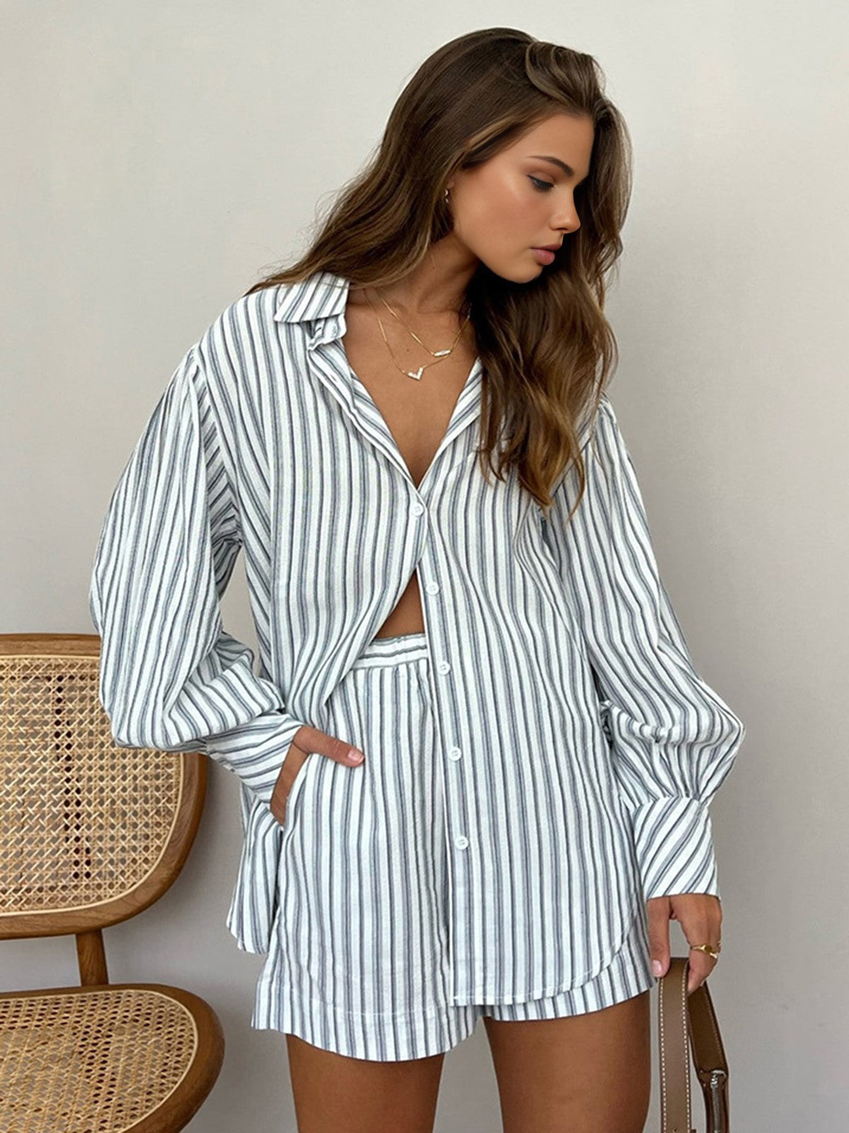 Oversized Striped Pockets Shorts Set