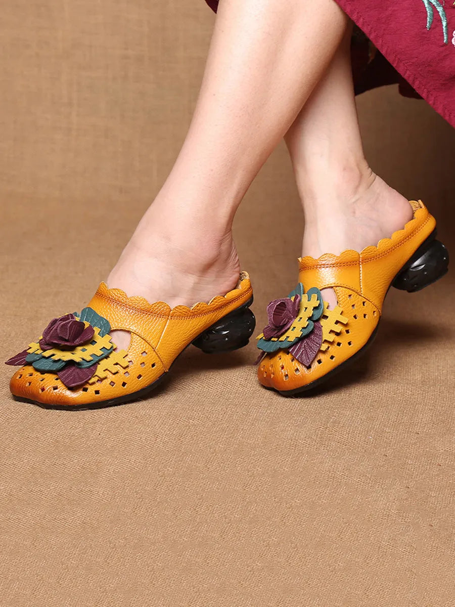 Summer Leather Flower Spliced Low Heel Sandals Fd014