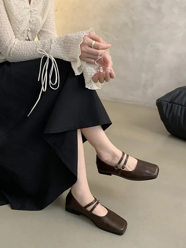 Belt Buckle Shallow Cut Split-joint Square-toe Flats Mary Janes