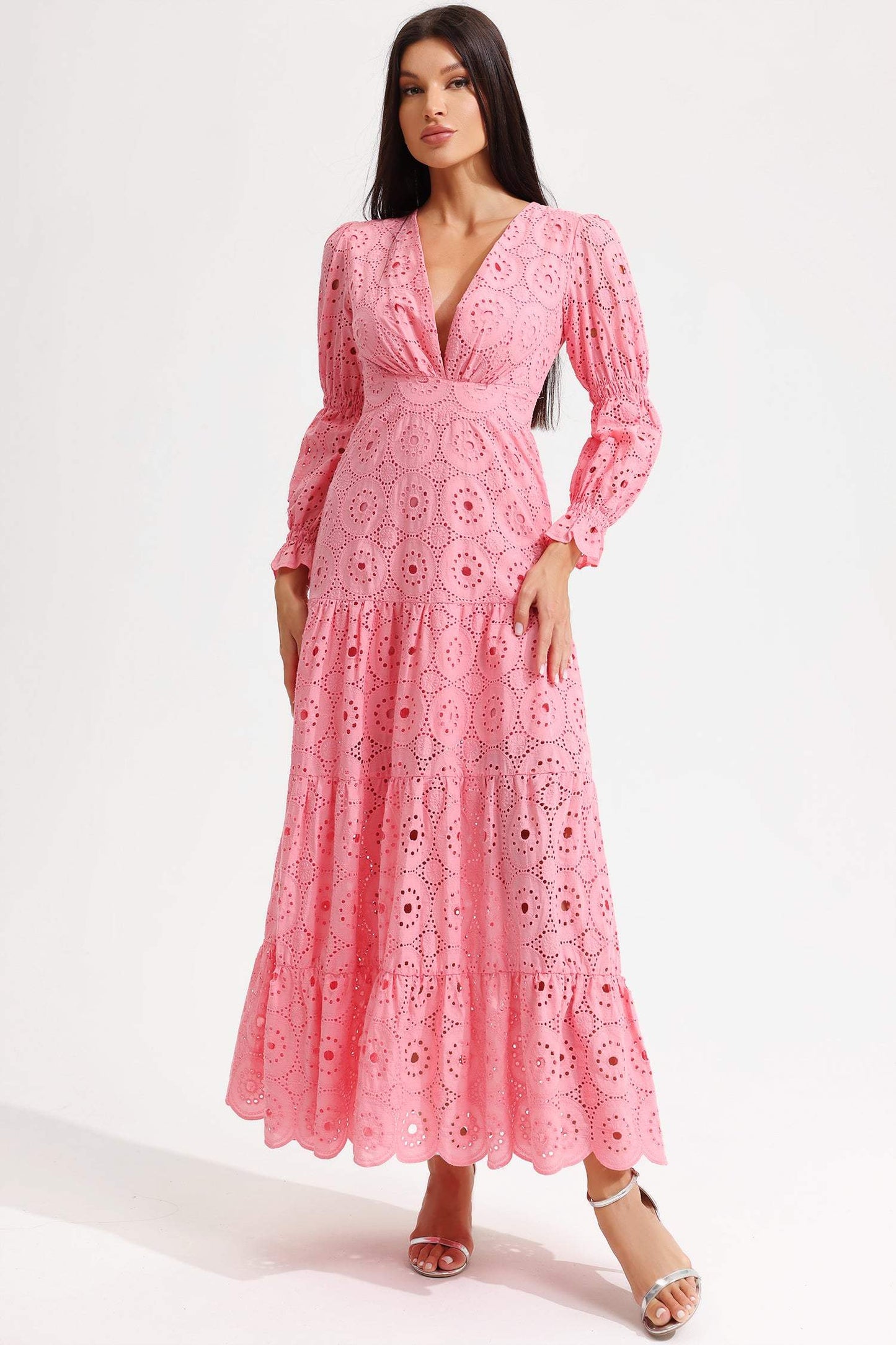 V-neck Lantern Sleeve Tapered Waist Midi Dress Pink