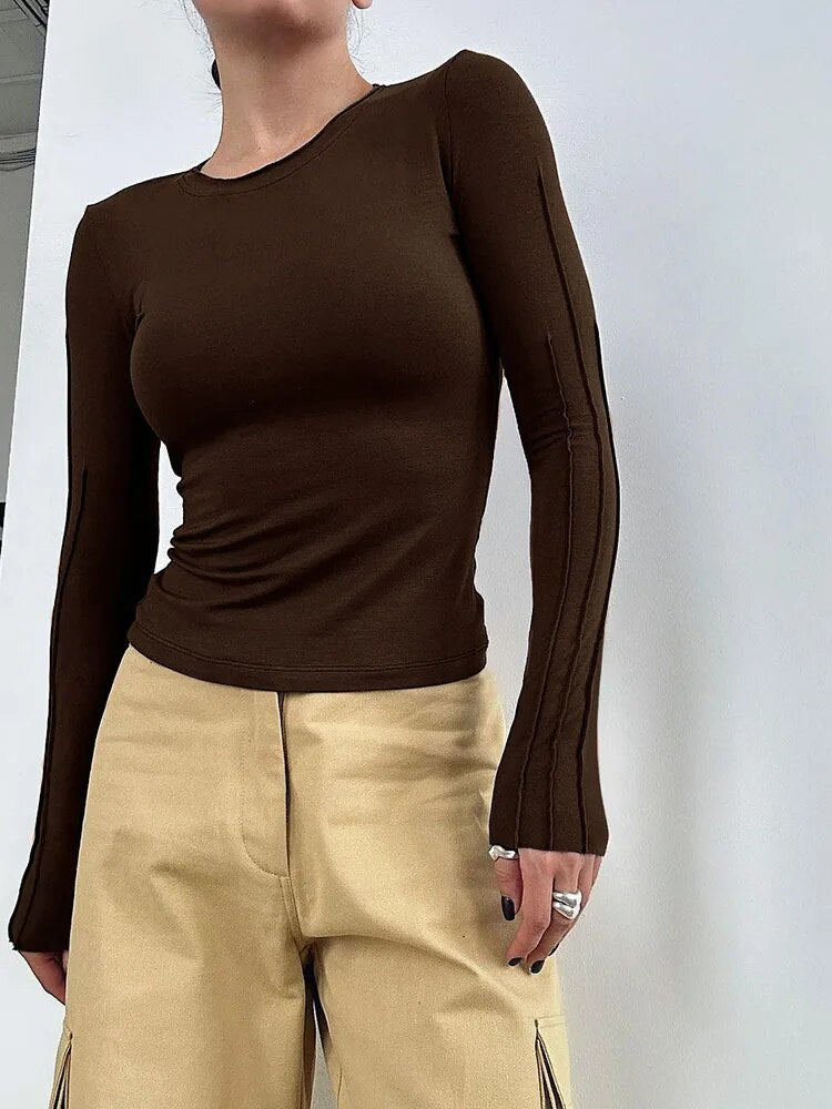 White Pleated Classic Basic Knitted Tees Inner Thin Pullover Tops Black Slim Office Lady T-shirts O-neck