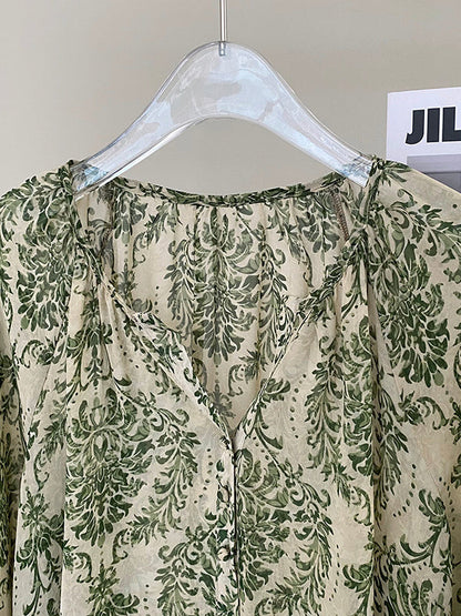 Loose Printed Sun Protection Balloon Sleeves V-neck Blouses
