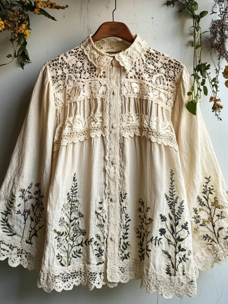 Vintage Floral Embroidered Linen Blend Lace Blouse artswardrobe