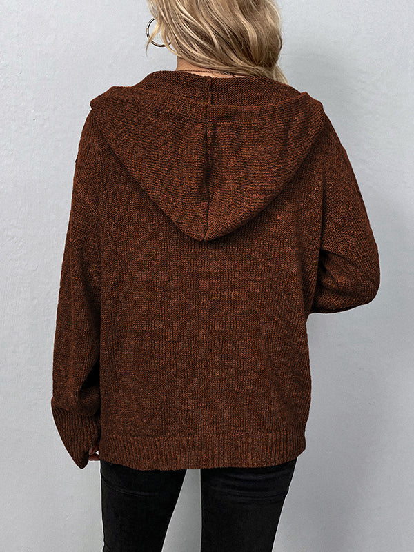 Wrap Buttoned Hooded Color Cardigan