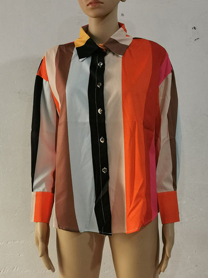 Long Sleeves Loose Contrast Color Printed Lapel Blouses