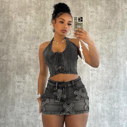 Summer Denim Embroidery Set Sleeveless Bandage Hollow Backless Tops Bodycon Mini Skirts Two Piece