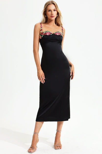 Satin Flower Embroidery Trim Cami Midi Dress Black
