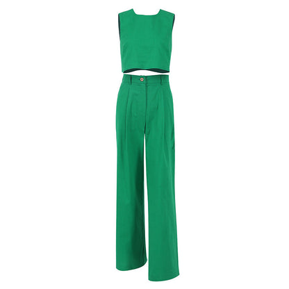 Summer New Color Round Neck Vest Top Bell-bottom Pants Wear Two-piece Set Cotton Linen Suit