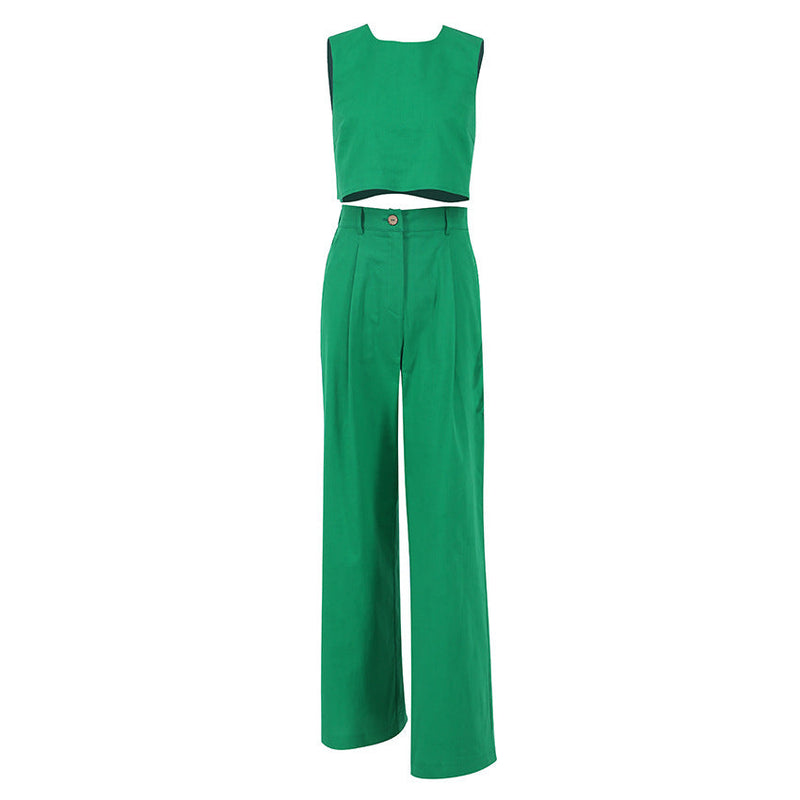 Summer New Color Round Neck Vest Top Bell-bottom Pants Wear Two-piece Set Cotton Linen Suit
