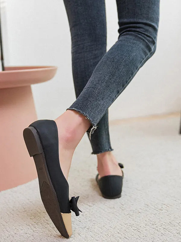 Bowknot Contrast Color Shallow Cut Split-joint Square-toe Flats