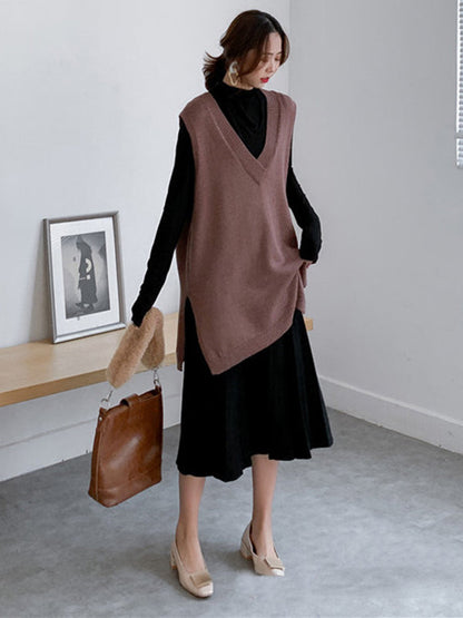 Sleeveless Split-side Color V-neck Knitted Vest