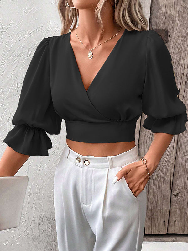 Half Sleeves Loose Elasticity Hollow Ruffled Color Tied V-neck Blouses&shirts Tops