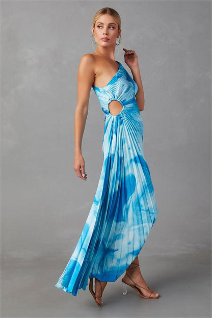 Tie Dye One-shoulder Drappped Hem Midi Dress