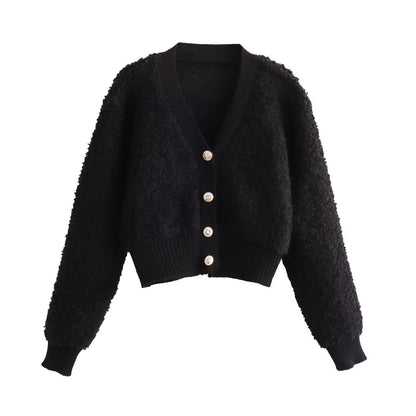 Fall Clothing Teddy Needle Fur Feeling V Neck Knitted Cardigan Coat