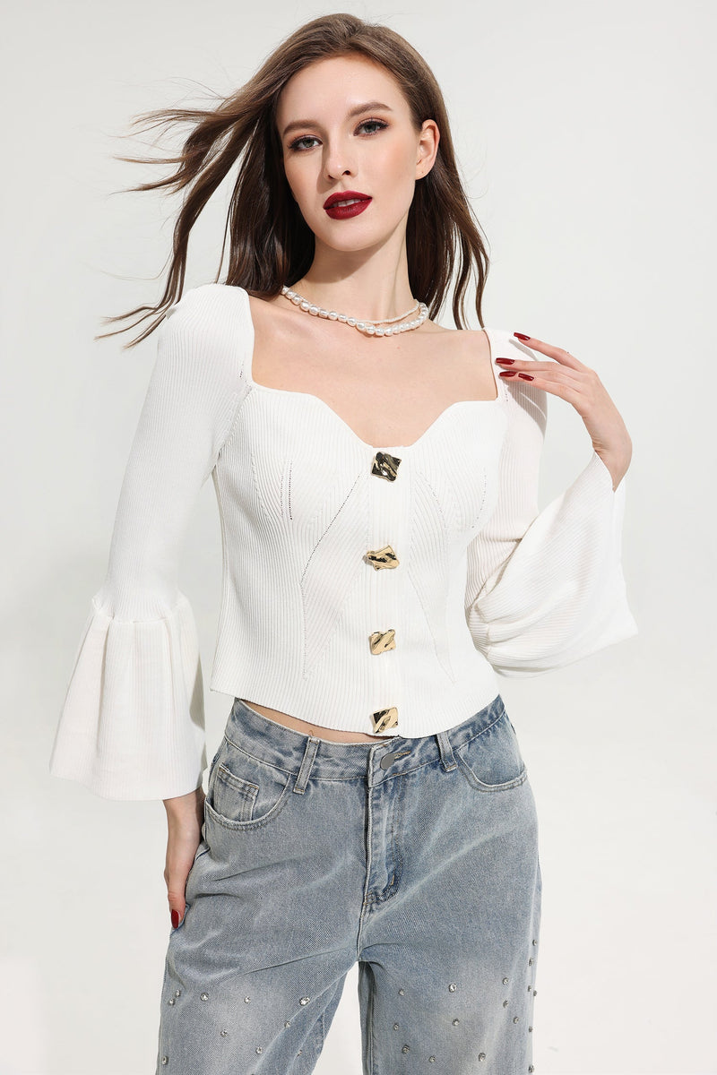 Woolen Knit Sweetheart Neck Long Sleeve Top White