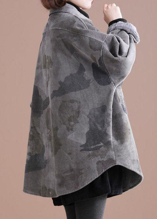 Grey Peter Pan Collar Print Corduroy Winter Coat