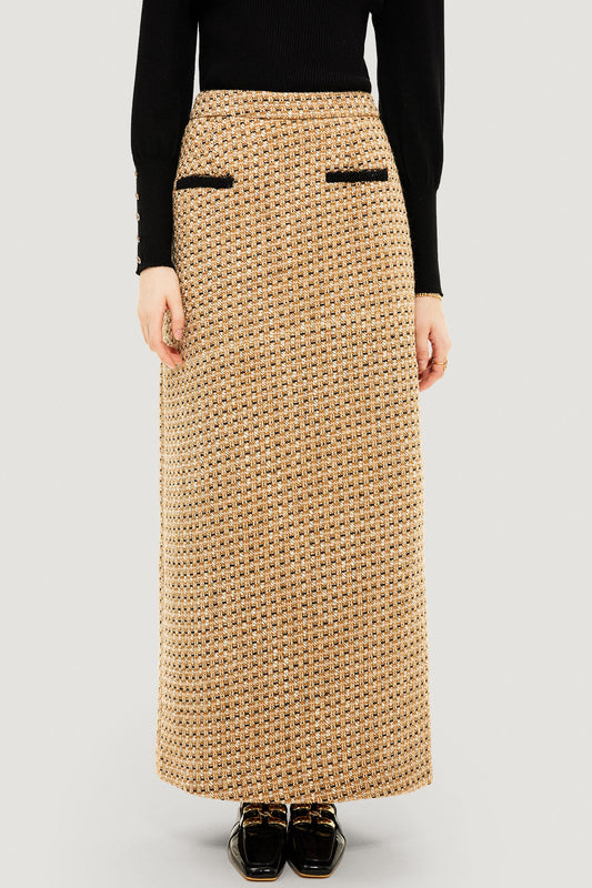 Tweed High Waist Split Maxi Skirt