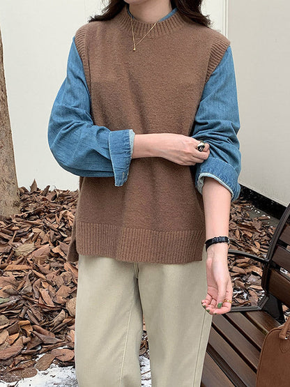 High-low Loose Color Split-joint Split-side Round-neck Knitwear Vest Top