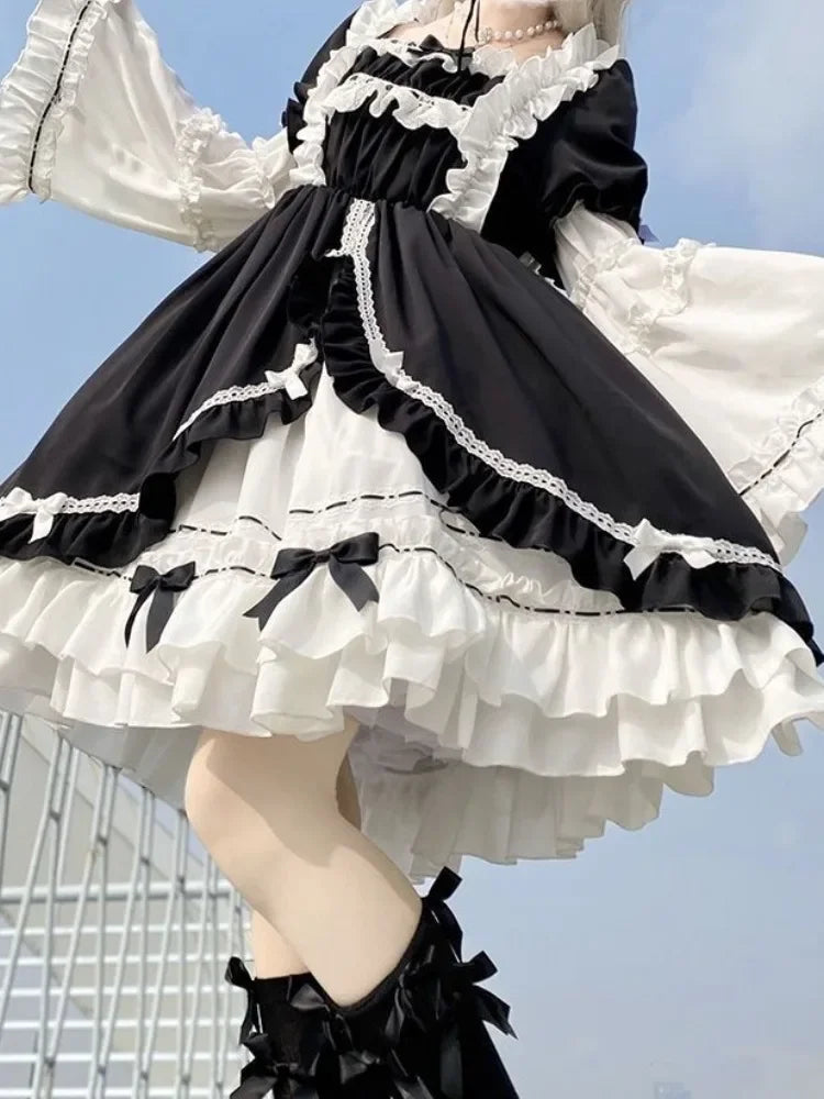 Contrast Color Japanese Dress Ruffled Patchwork High Waist Fairy Robe Y2k Aesthetic Sweet Dresses Vestido De Mujer