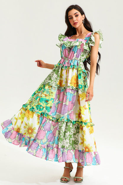Printed Sleeveless Square Collar Ruffle Hem Midi Dress
