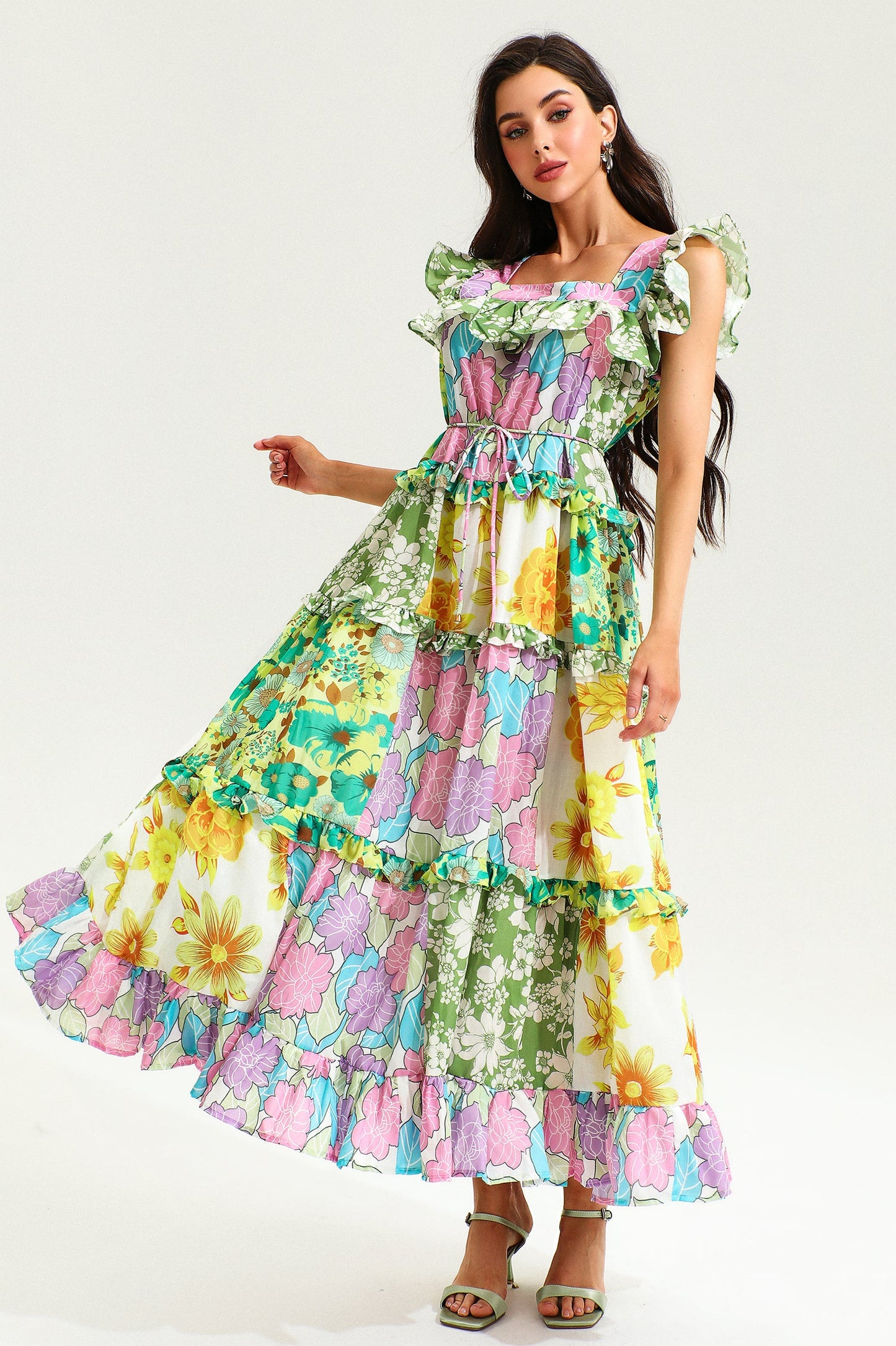 Printed Sleeveless Square Collar Ruffle Hem Midi Dress