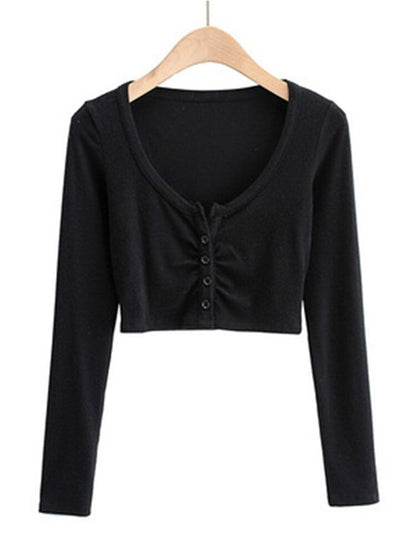 Slim V-neck Long Sleeve Bottomed Tops and Blouses High Street Color Open Navel Cardigan