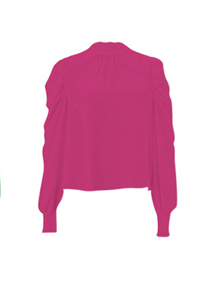 Long Sleeves Puff Sleeves Pleated Color Half Turtleneck Blouses&shirts Tops