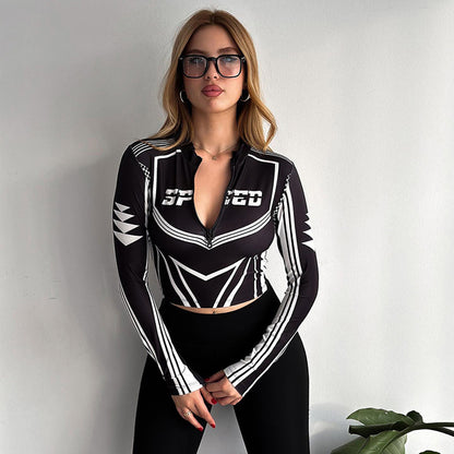 Sporty Motor Crop Top Turtleneck Zipper Letters Stripe Print Shirt Skinny Elastic Versatile Out Studio Vestidos