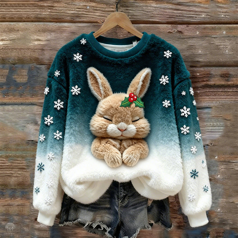 Women's Christmas Bunny Embroidery Round Neck Cozy Plush Sweatshirt