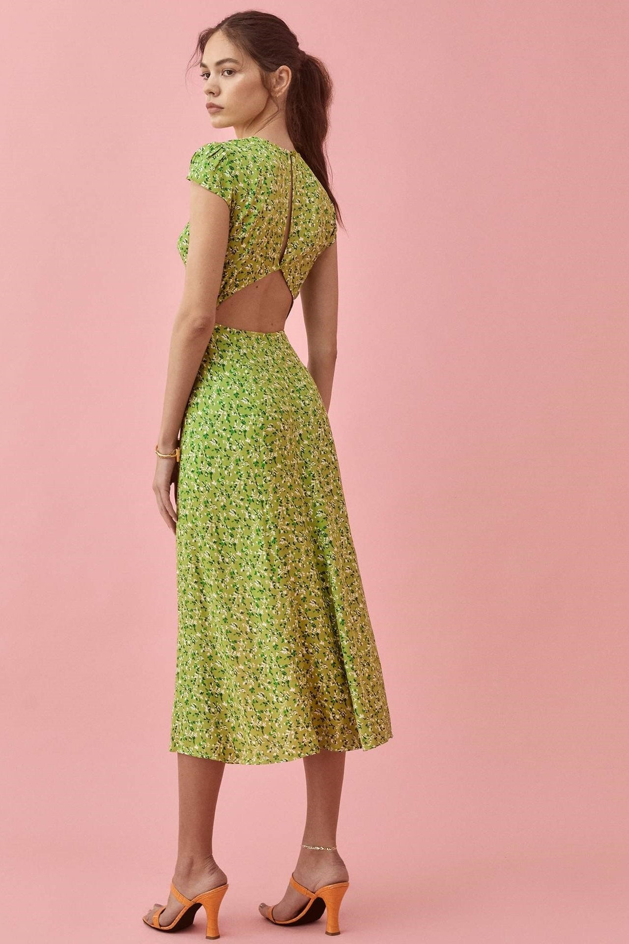 Backless Cut-out Slit Print Midi Dress Green