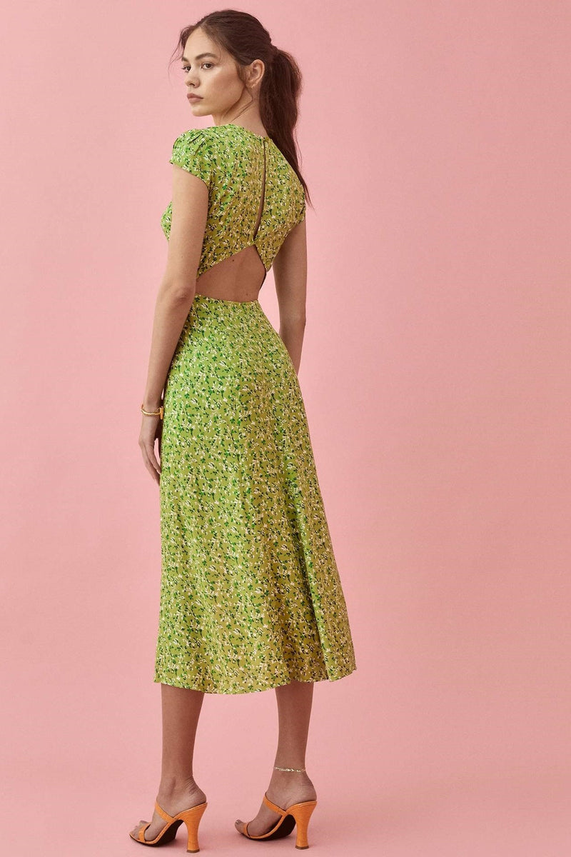 Backless Cut-out Slit Print Midi Dress Green