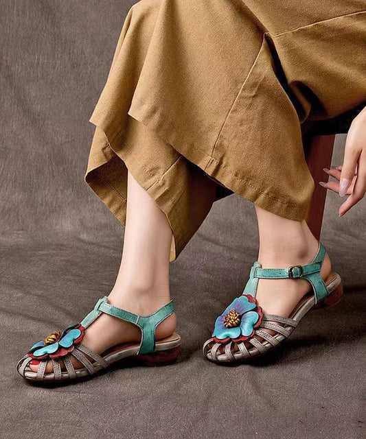Comfy Splicing Wedge Sandals Grey Cowhide Leather Hollow Out Oi024