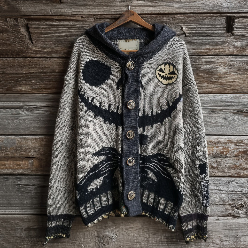 Halloween Spooky Face Contrast Stitching Cozy Knitted Hooded Sweater Cardigan artswardrobe