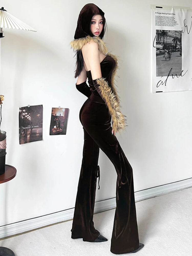 Taruxy Bandage Slim Flare Pant Sets Backless Hoodies Woman Autumn Winter Pants 2 Piece Suits Outfits