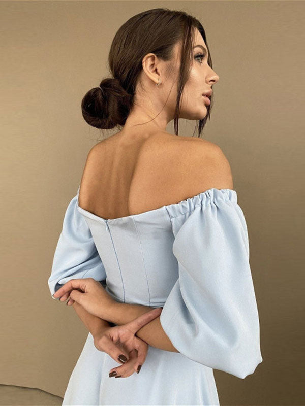 Midi Dress Bateau Neck Half Sleeves Semi Formal Party Dress