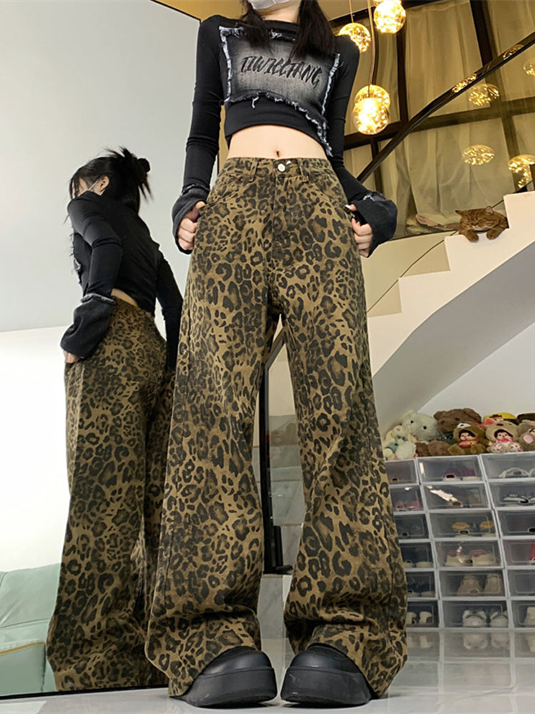 Baggy Leopard Print Y2k Jeans Trousers New High Waisted Wide Leg Pants Retro Straight Jeans