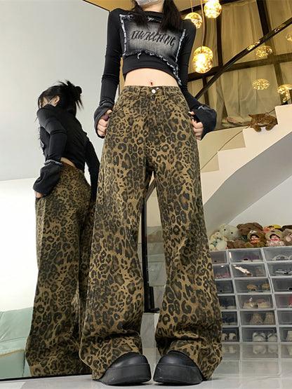 Baggy Leopard Print Y2k Jeans Trousers New High Waisted Wide Leg Pants Retro Straight Jeans