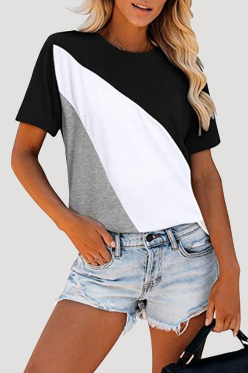 Patchwork Leopard Contrast O Neck T-shirts(4 Colors)
