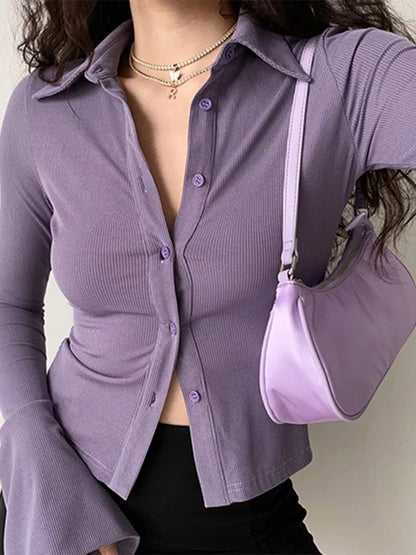 Blouses Lapel Single-breasted Flared Collar Sleeve Shirt Five-color ’s Slim Long-sleeve Top