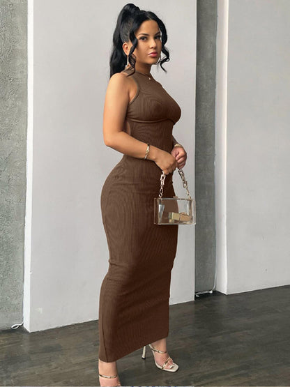 Ribbed Hollow Out Backless Sleeveless Slit Mini Dress Bodycon Summer Outfits Party Y2k