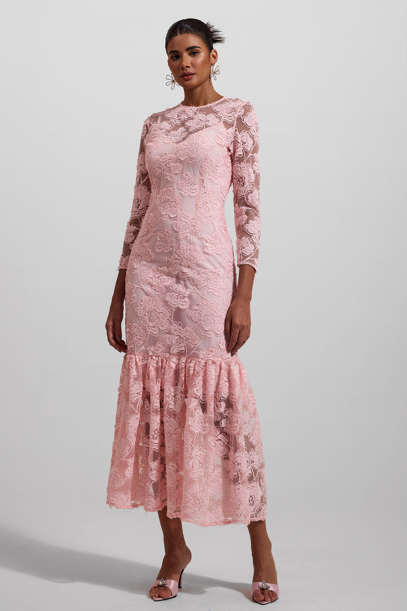 Embroidered Round Neck Long Sleeve Maxi Dress