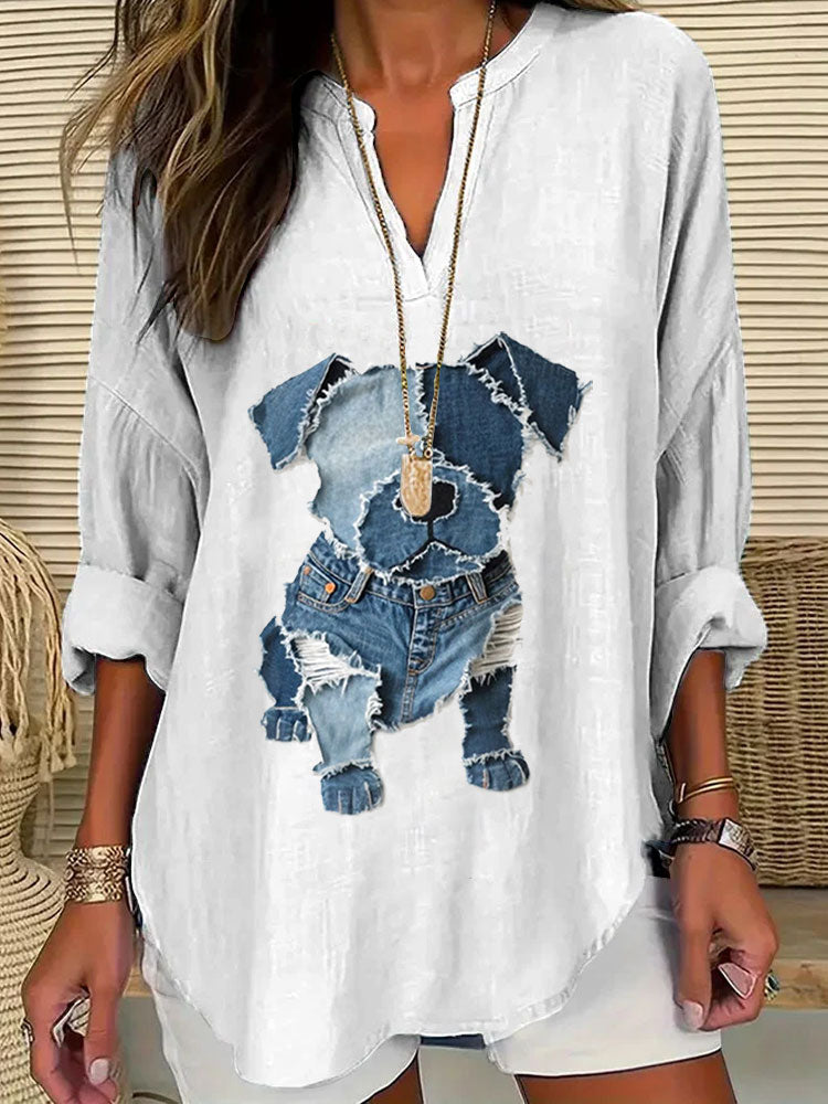 Comstylish Women's Casual Funny Denim Dog Print T-shirt
