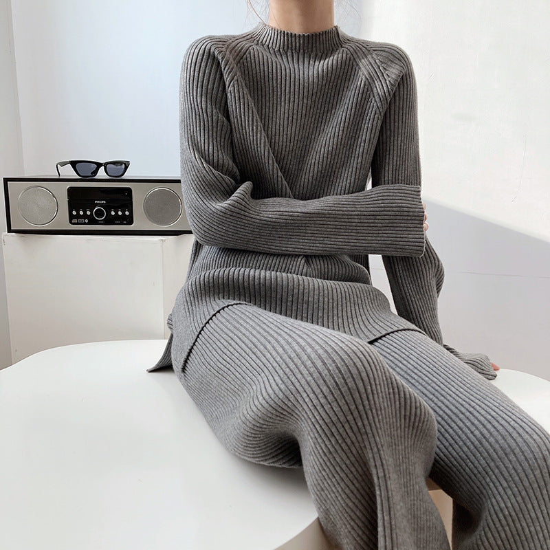 Autumn Winter Fashionable Side Slit Sweater Suit Thickened Knitting Wide Leg Pants Set Female