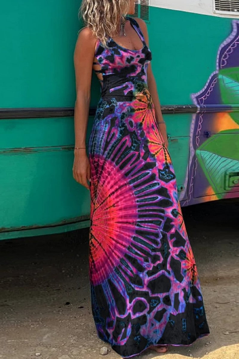 Print Backless U Neck Vest Dress Dresses(3 Colors)